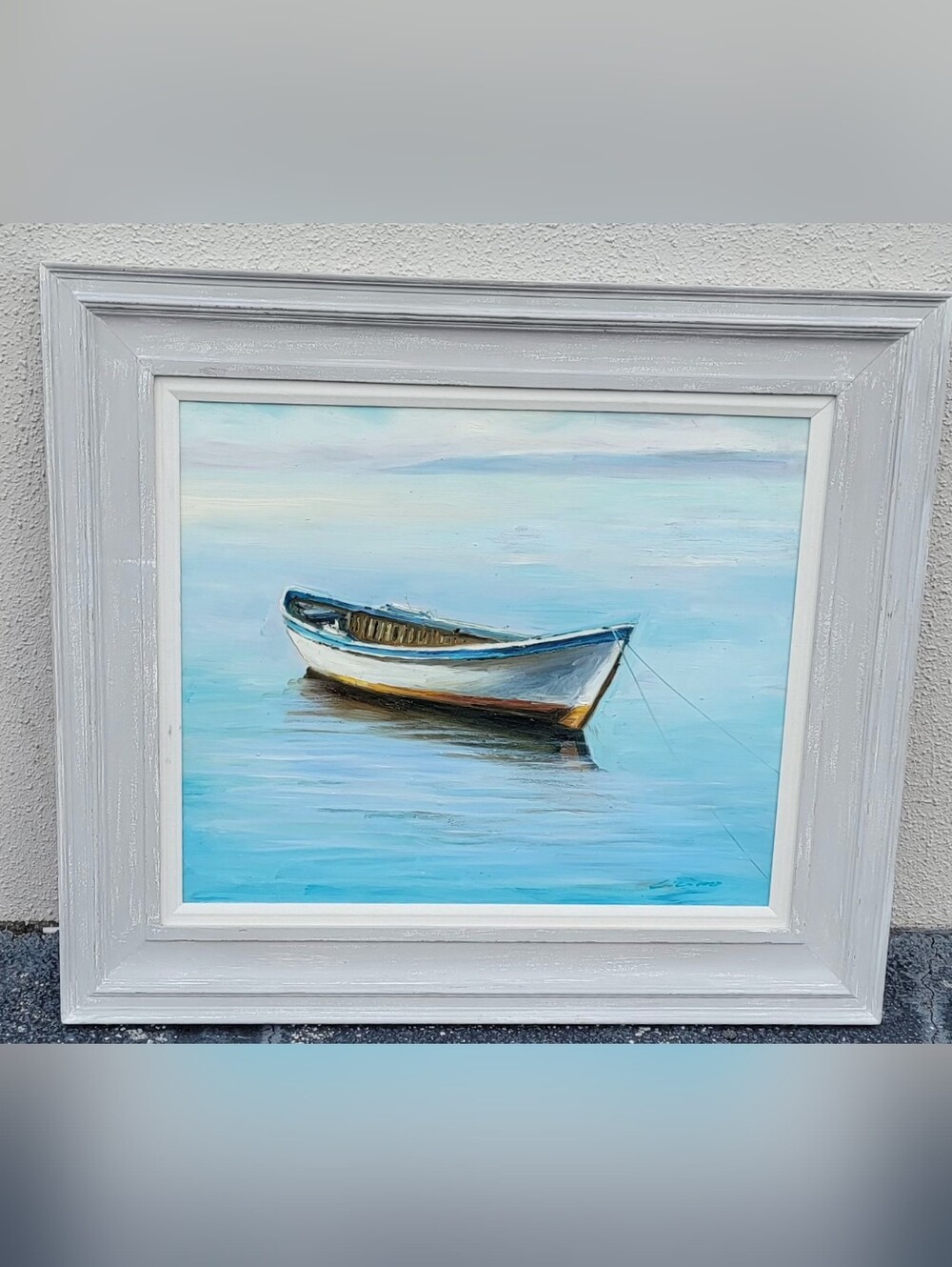 Seaside Rowboat Oil On Canvas Painting  - Light Blue & White 29x33" Framed